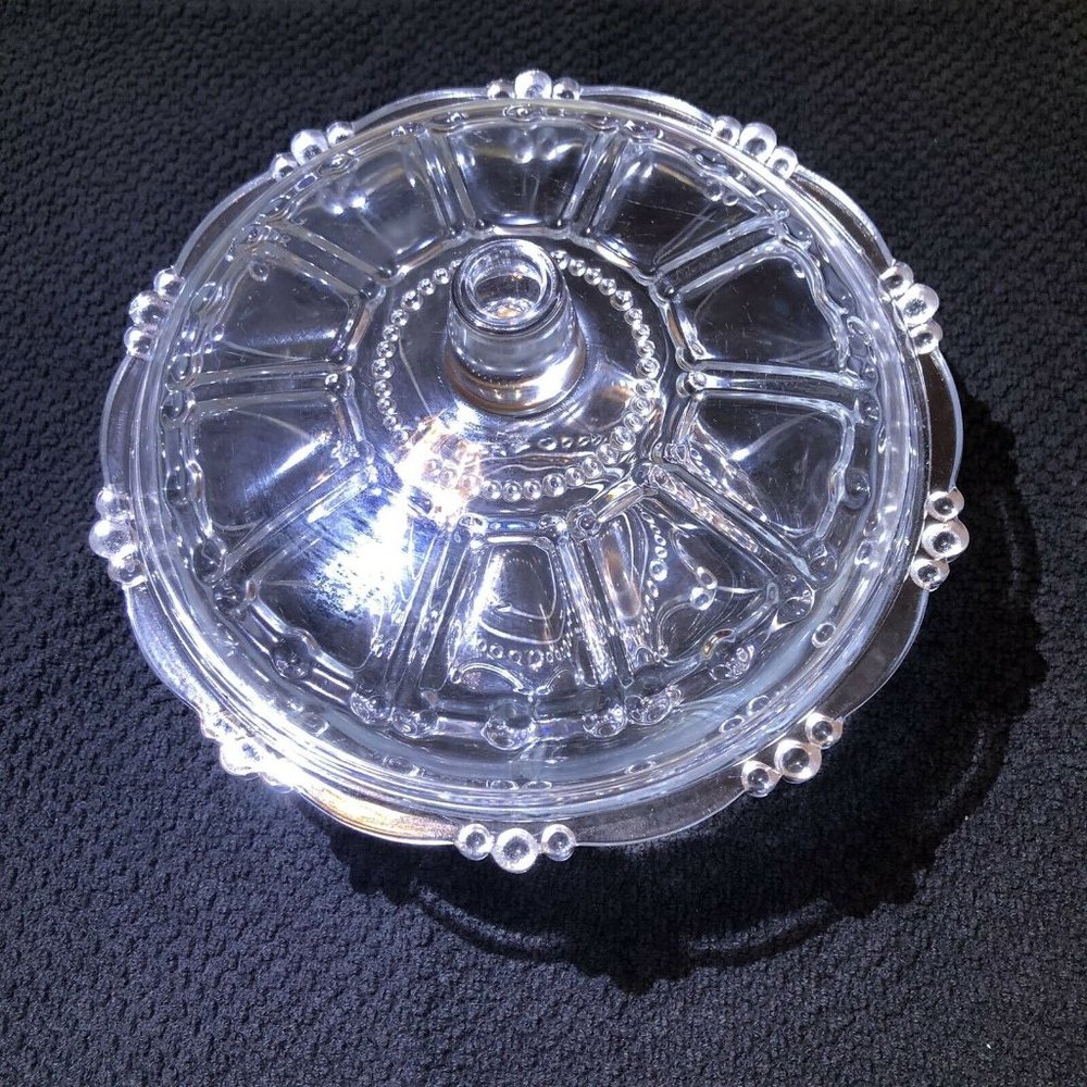 VTG Kig Indonesia 7" Crystal Beaded‎ Round Clear Glass CANDY DISH with Lid-New